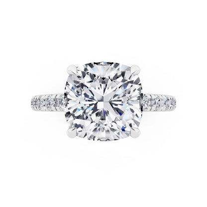 Platinum Cushion Cut Diamond Solitaire Ring with Hidden Halo and French Pave Band - top angle