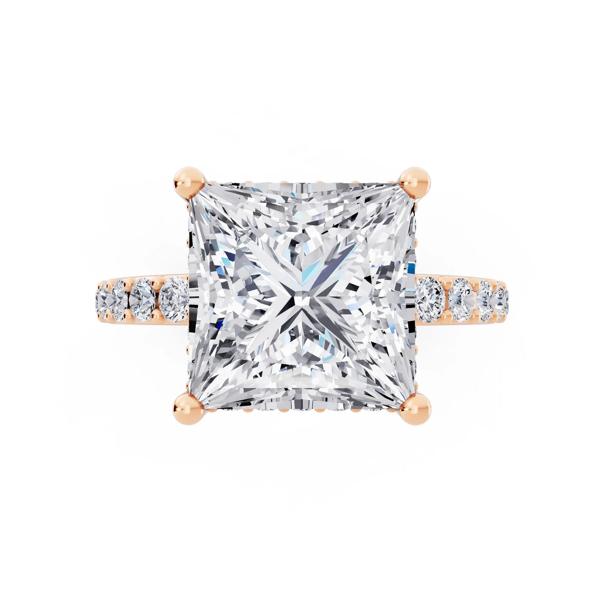 18 KT Rose Gold Princess Cut Diamond Solitaire Ring with Hidden Halo and Pave Band - top angle