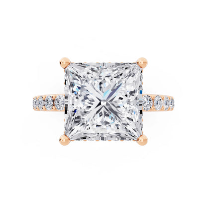 18 KT Rose Gold Princess Cut Diamond Solitaire Ring with Hidden Halo and Pave Band - top angle