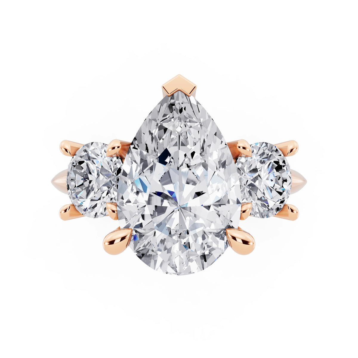 14 KT Rose Gold Pear Cut Diamond Three Stone Ring with Round Accents - top angle