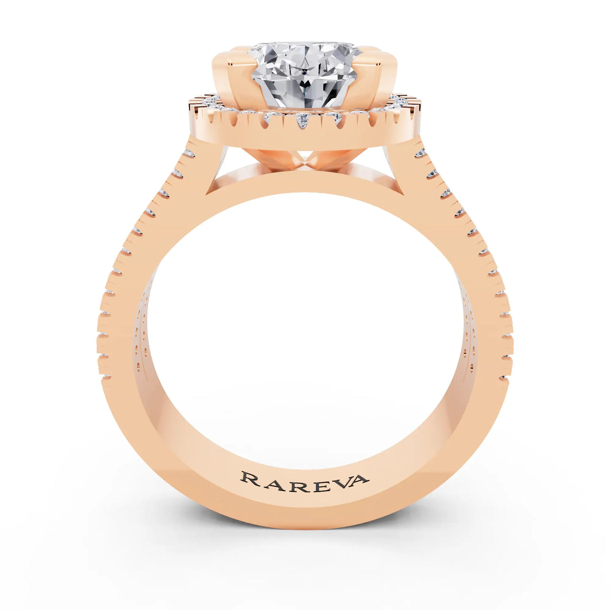 14 KT Rose Gold Oval Cut Diamond Halo Ring with Twin Pave Band - through finger