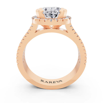 14 KT Rose Gold Oval Cut Diamond Halo Ring with Twin Pave Band - through finger
