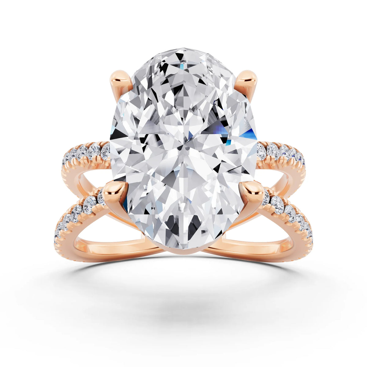 14 KT Rose Gold Oval Cut Diamond Ring with Twisted Split Shank - front view