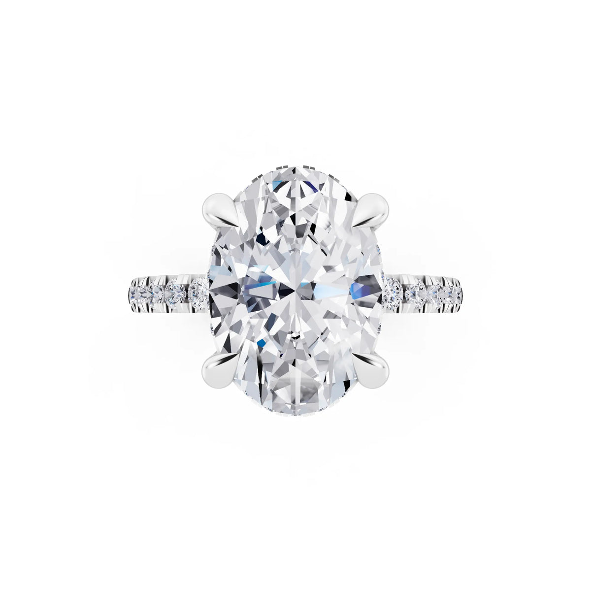 18 KT White Gold Oval Cut Diamond Solitaire Ring with Round Pavé Band and Prong Setting - top angle