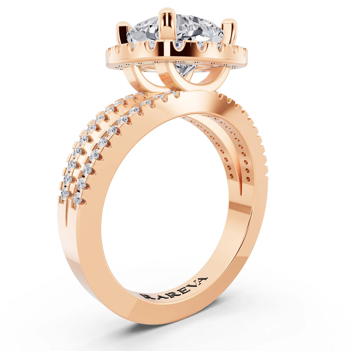 14 KT Rose Gold Cushion Cut Diamond Halo Ring with Pave Split Shank - top view