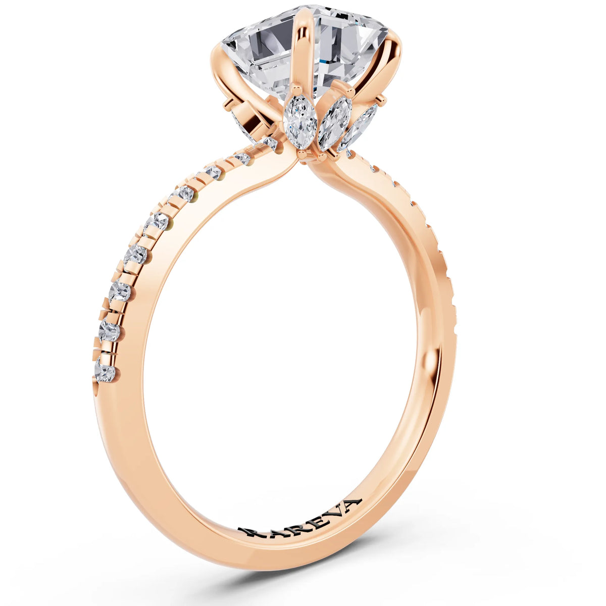 14 KT Rose Gold Emerald Cut Diamond Solitaire Ring with Marquise Collar - top view