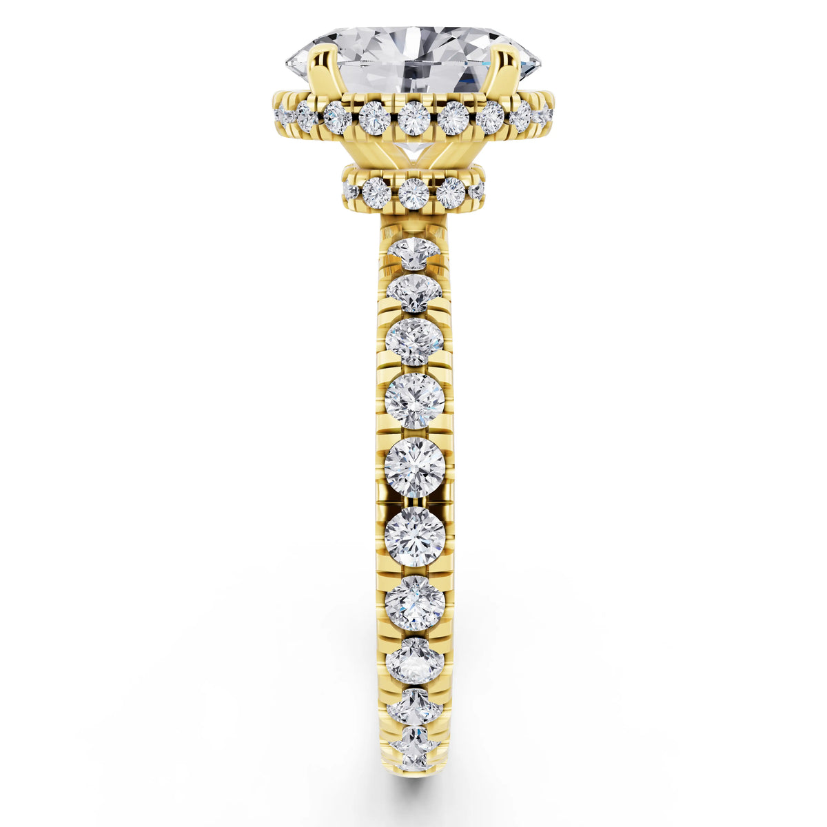18 KT Yellow Gold Oval Cut Diamond Hidden Halo Ring with Pave Band - side view