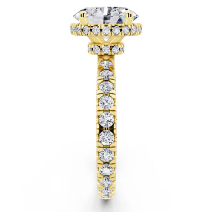 18 KT Yellow Gold Oval Cut Diamond Hidden Halo Ring with Pave Band - side view