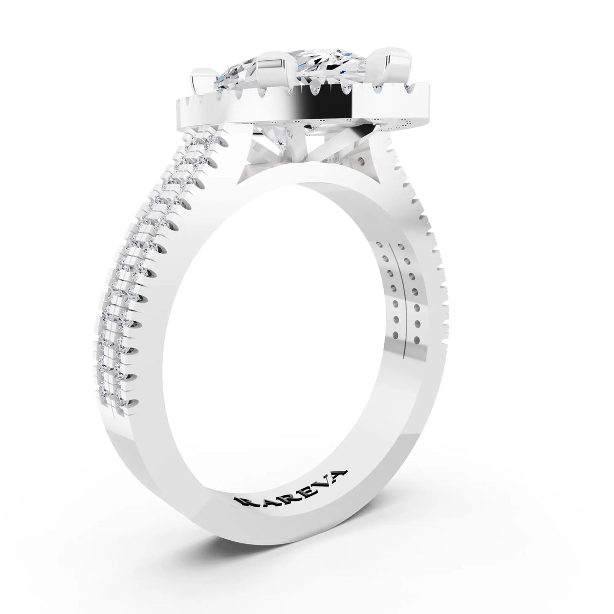 14 KT White Gold Pear Cut Diamond Halo Ring with Twin Pave Band - top view