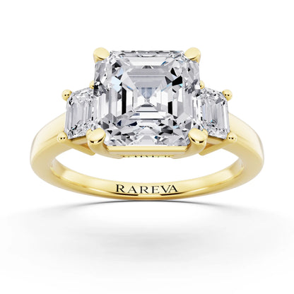 18 KT Yellow Gold Asscher Cut Diamond Three Stone Emerald Accent Ring - front view