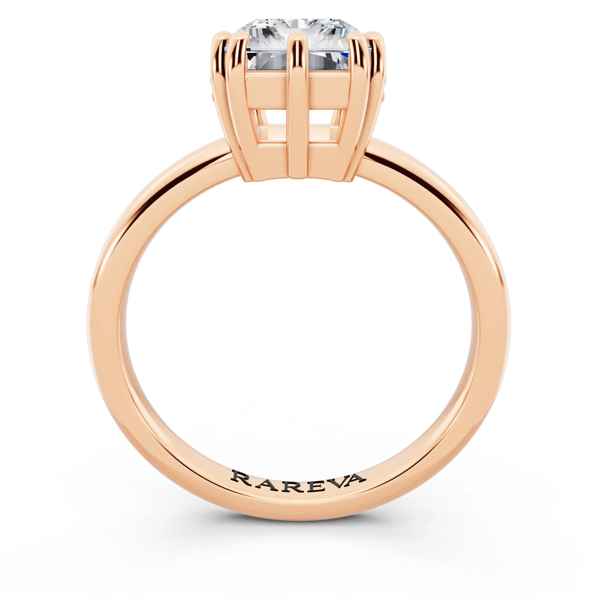 18 KT Rose Gold Radiant Cut Diamond Solitaire Ring with Hidden Accent Basket - through finger