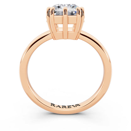 18 KT Rose Gold Radiant Cut Diamond Solitaire Ring with Hidden Accent Basket - through finger