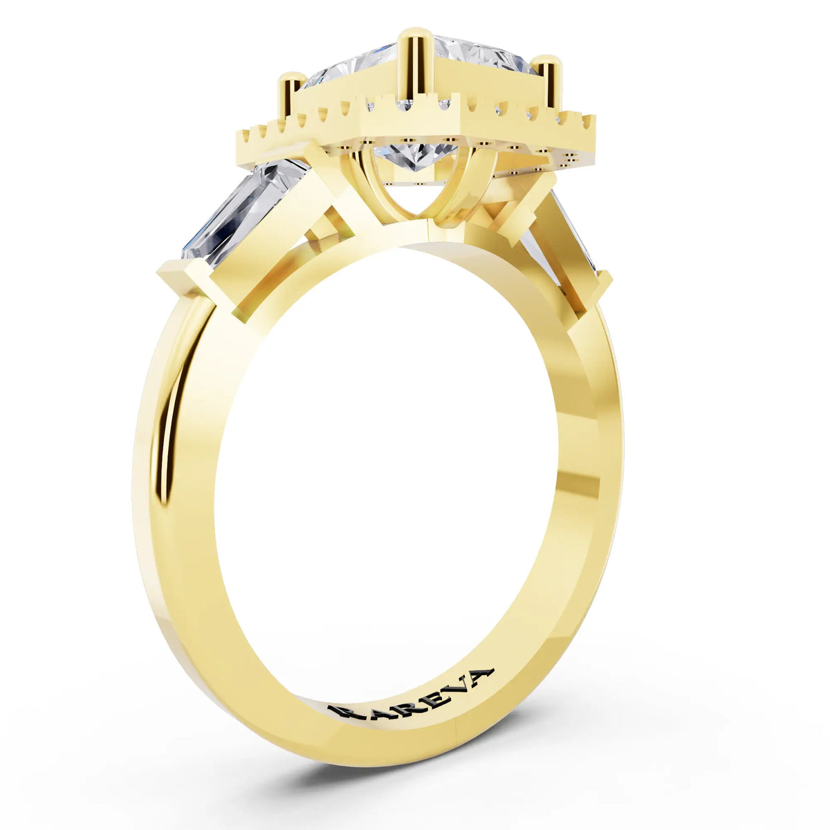 18 KT Yellow Gold Radiant Cut Diamond Halo Ring with Baguette Accents - top view