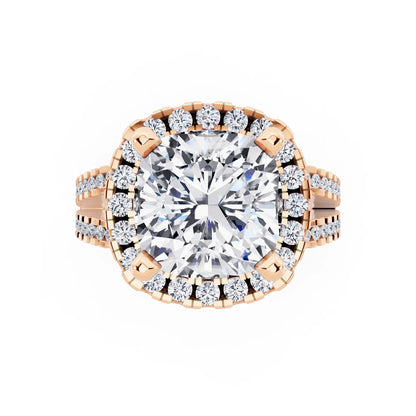 14 KT Rose Gold Cushion Cut Diamond Halo Ring with Pave Split Shank - top angle