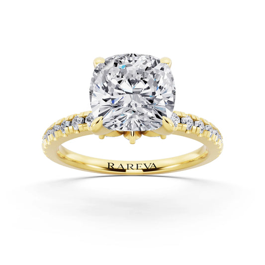 14 KT Yellow Gold Cushion Cut Diamond Solitaire Ring with Marquise Collar - front view