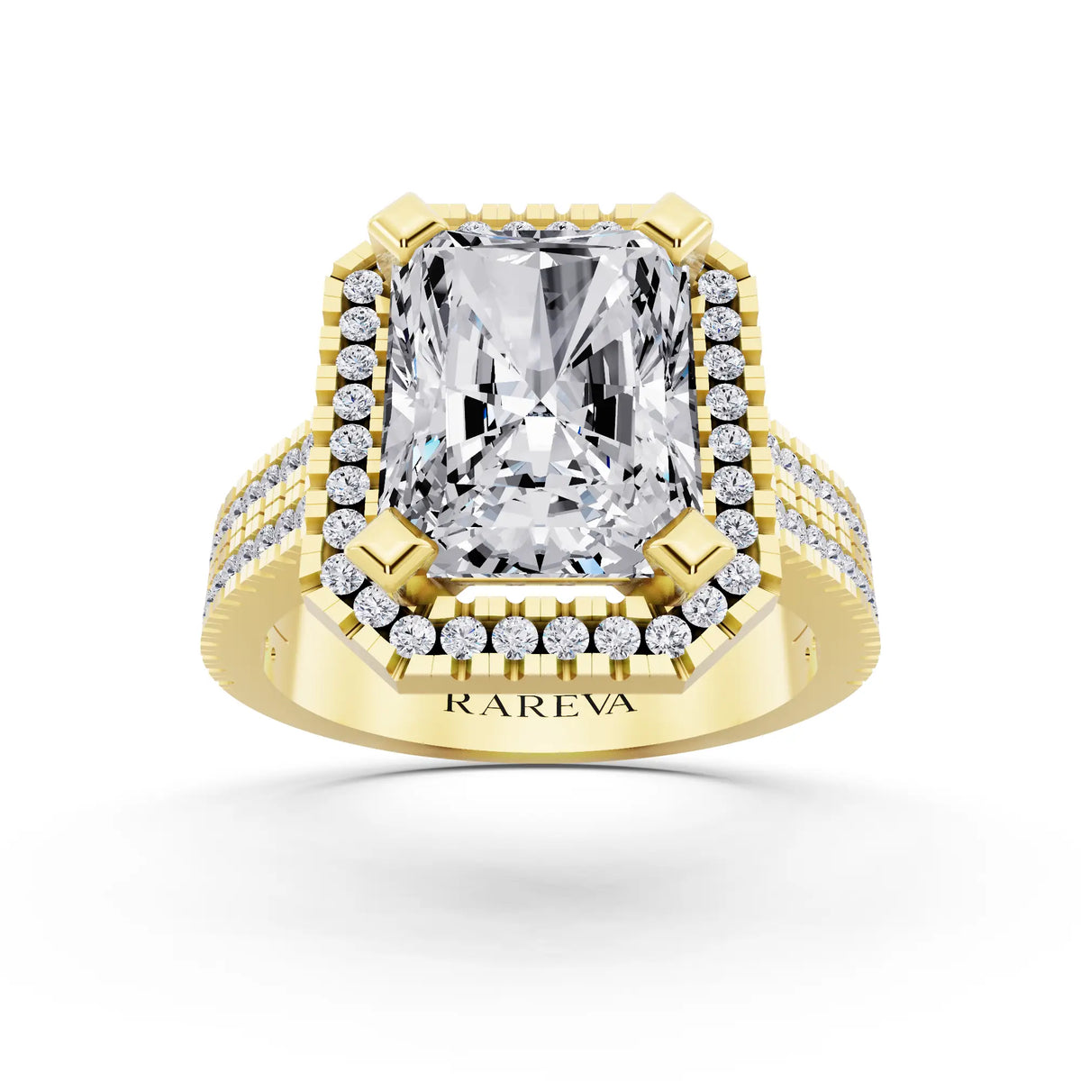 14 KT Yellow Gold Radiant Cut Diamond Halo Ring with Twin Pave Band - front view