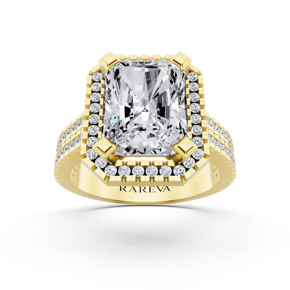 14 KT Yellow Gold Radiant Cut Diamond Halo Ring with Twin Pave Band - front view