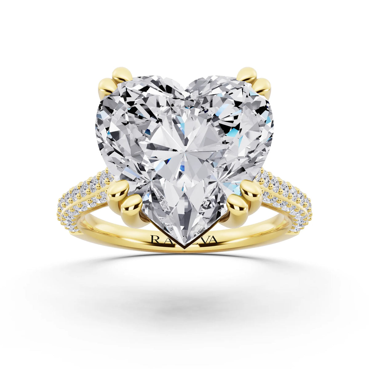 18 KT Yellow Gold Heart Cut Diamond Hidden Halo Double Claw Pave Band Ring - front view