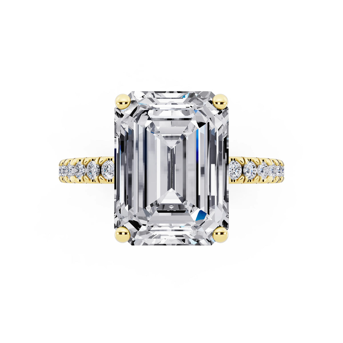 14 KT Yellow Gold Emerald Cut Diamond Solitaire Ring with Pave Eternity Band - top angle