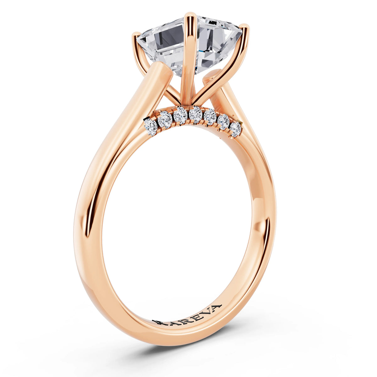 18 KT Rose Gold Emerald Cut Diamond Solitaire Ring with Hidden Accent - top view