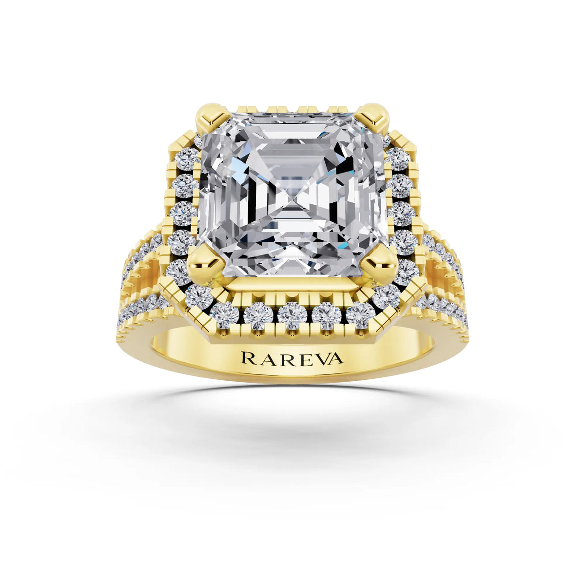 18 KT Yellow Gold Asscher Cut Diamond Halo Ring with Pave Split Shank - front view