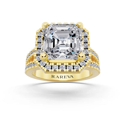 18 KT Yellow Gold Asscher Cut Diamond Halo Ring with Pave Split Shank - front view