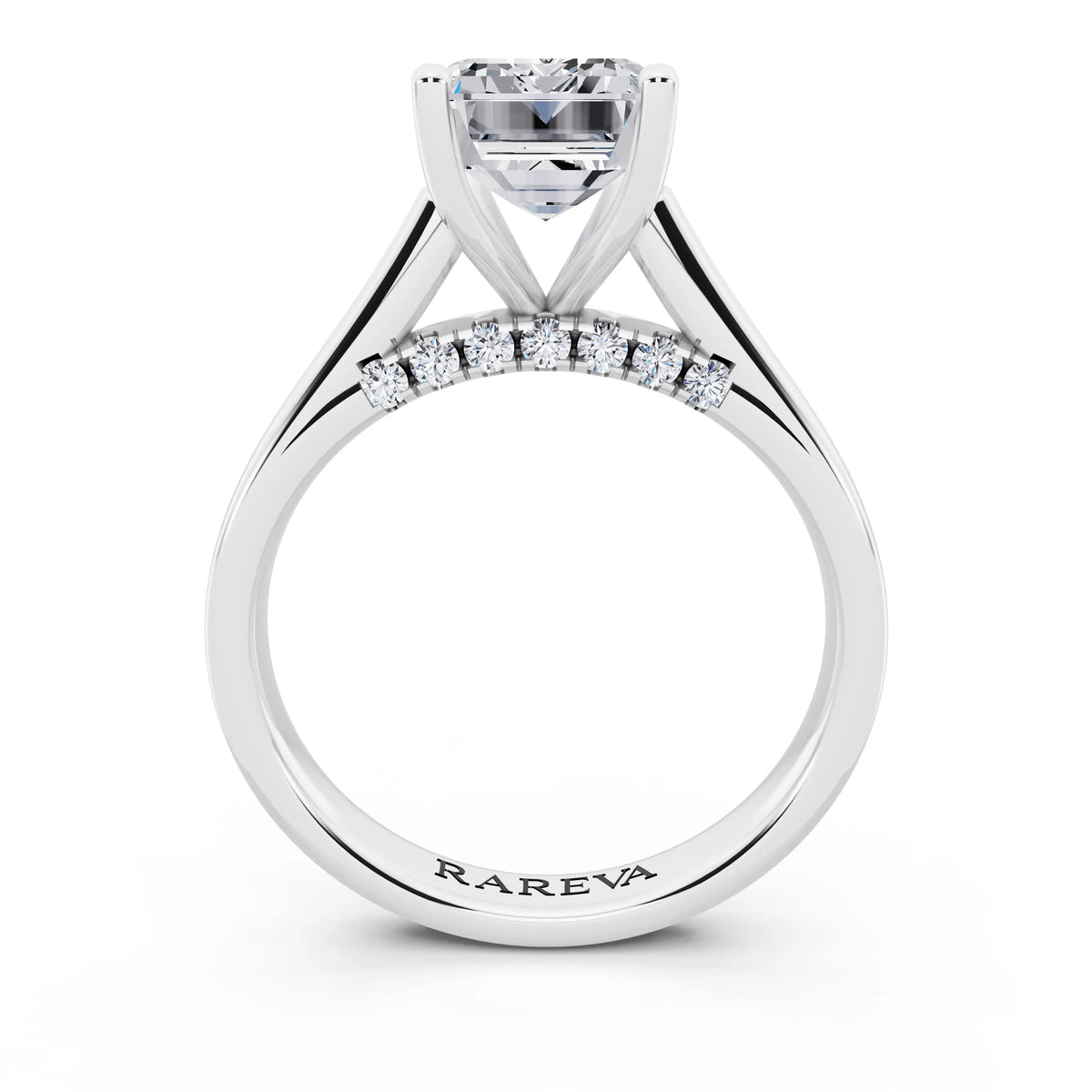 Platinum Emerald Cut Diamond Solitaire Ring with Hidden Accent - through finger