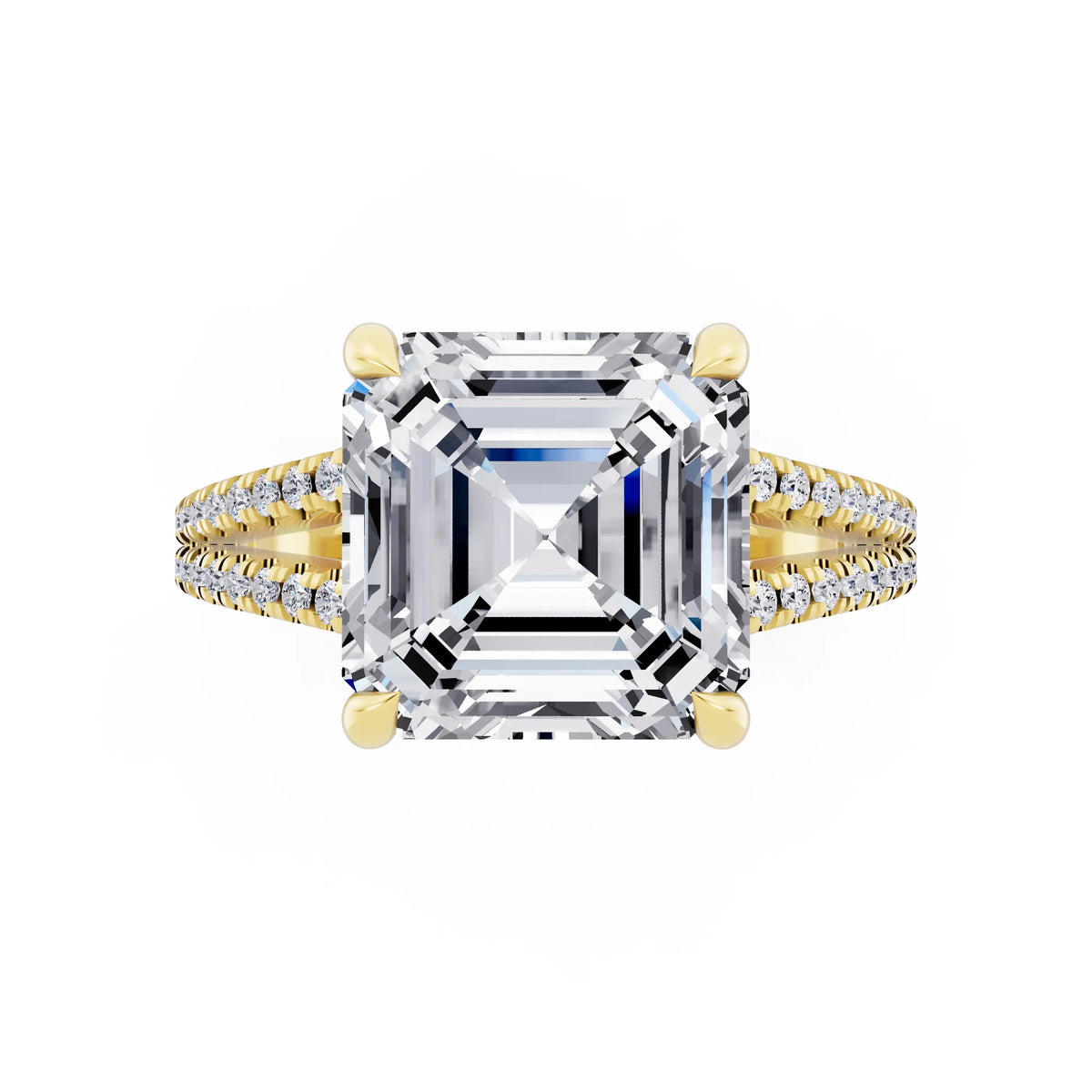 14 KT Yellow Gold Asscher Cut Diamond Ring with Pavé Split Shank - top angle