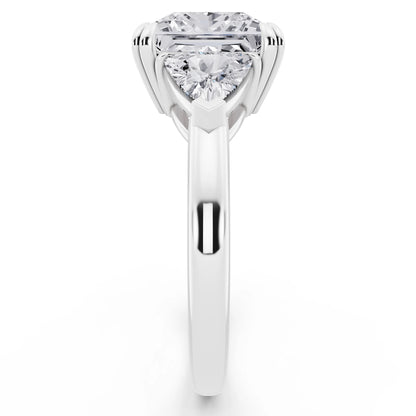 18 KT White Gold Princess Cut Diamond Three Stone Ring with Trillion Accents - side view