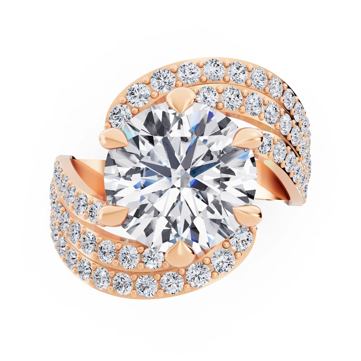 14 KT Rose Gold Round Cut Diamond Solitaire Ring with Swirl Pave Bands - Top down