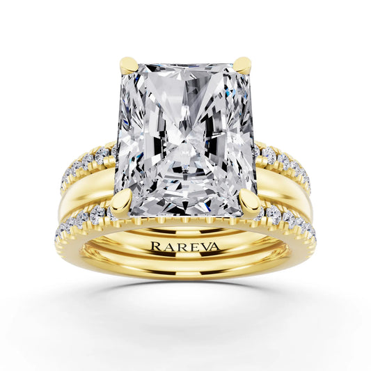 14 KT Yellow Gold Radiant Cut Diamond Solitaire Twin Pave Band Stack Ring - front view