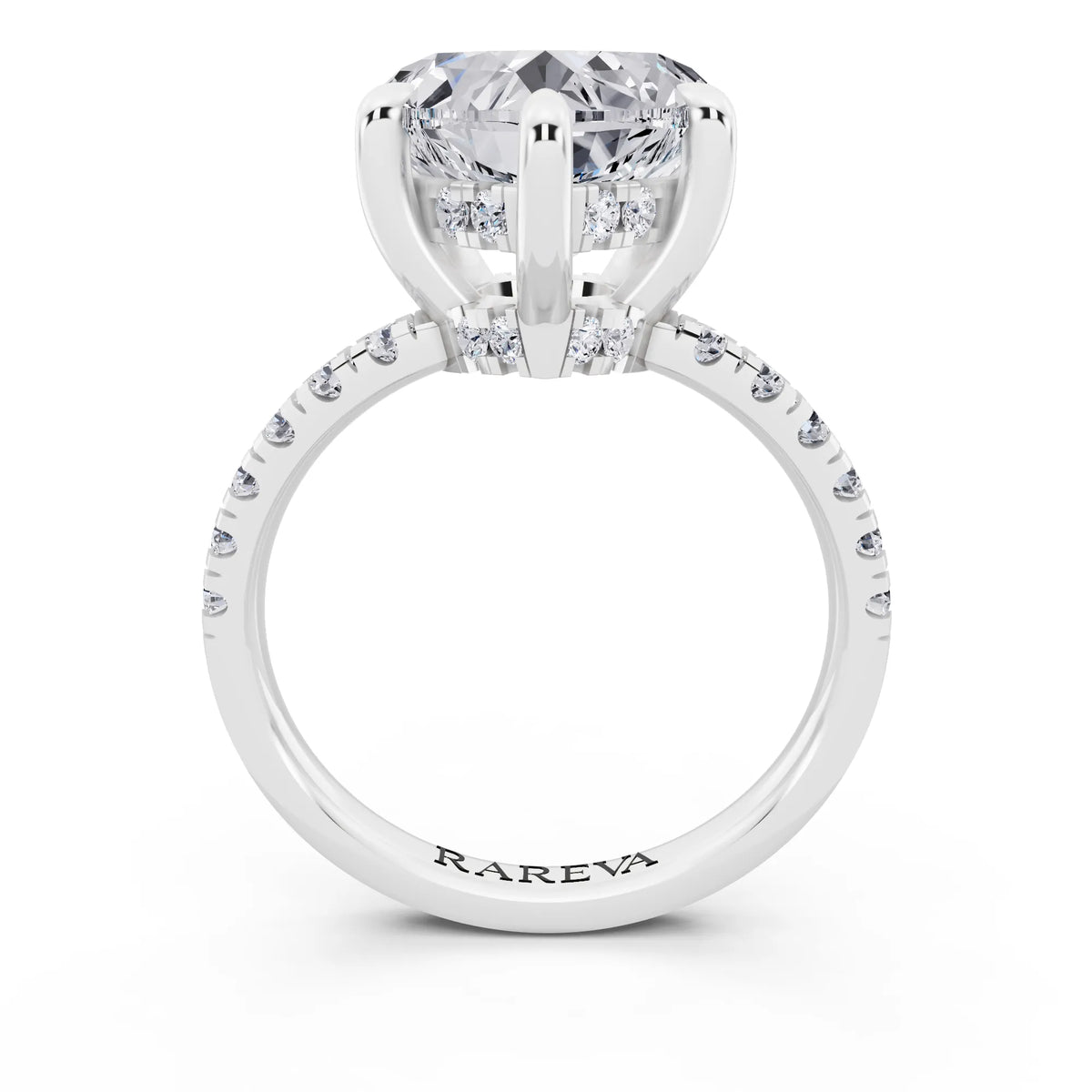 Platinum Heart Cut Diamond Hidden Halo Tiger Prong Pave Band Ring - through finger