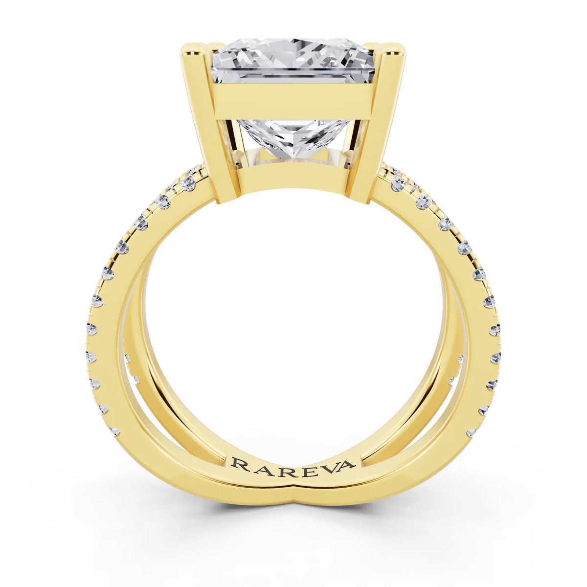 14 KT Yellow Gold Princess Cut Diamond Ring with Twisted Split Shank - through finger