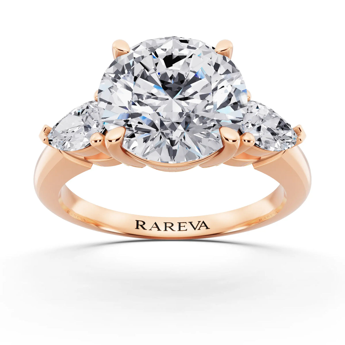 14 KT Rose Gold Round Cut Diamond Three Stone Pear Accent Ring - front view