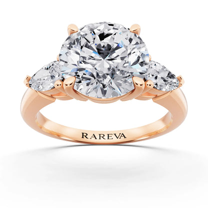 14 KT Rose Gold Round Cut Diamond Three Stone Pear Accent Ring - front view