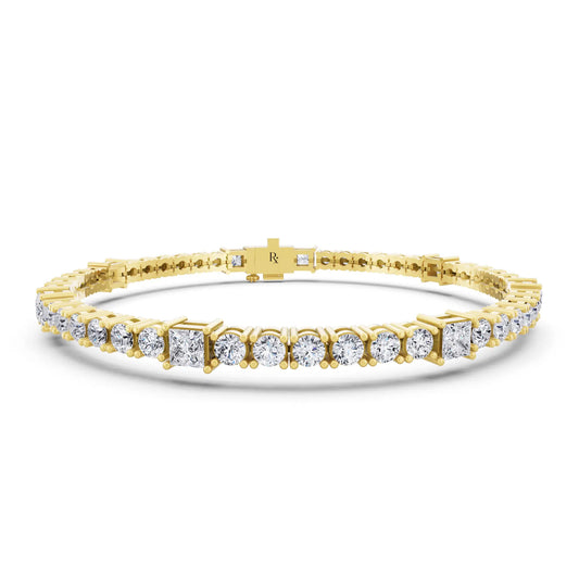 14K Yellow Gold Round and Princess Cut Diamond Tennis Bracelet - Main