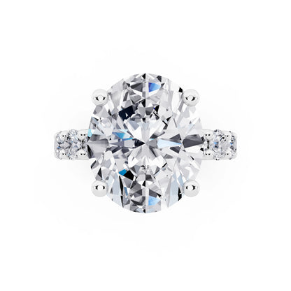 18 KT White Gold Oval Cut Diamond Ring with Shared Prong Eternity Band - top angle