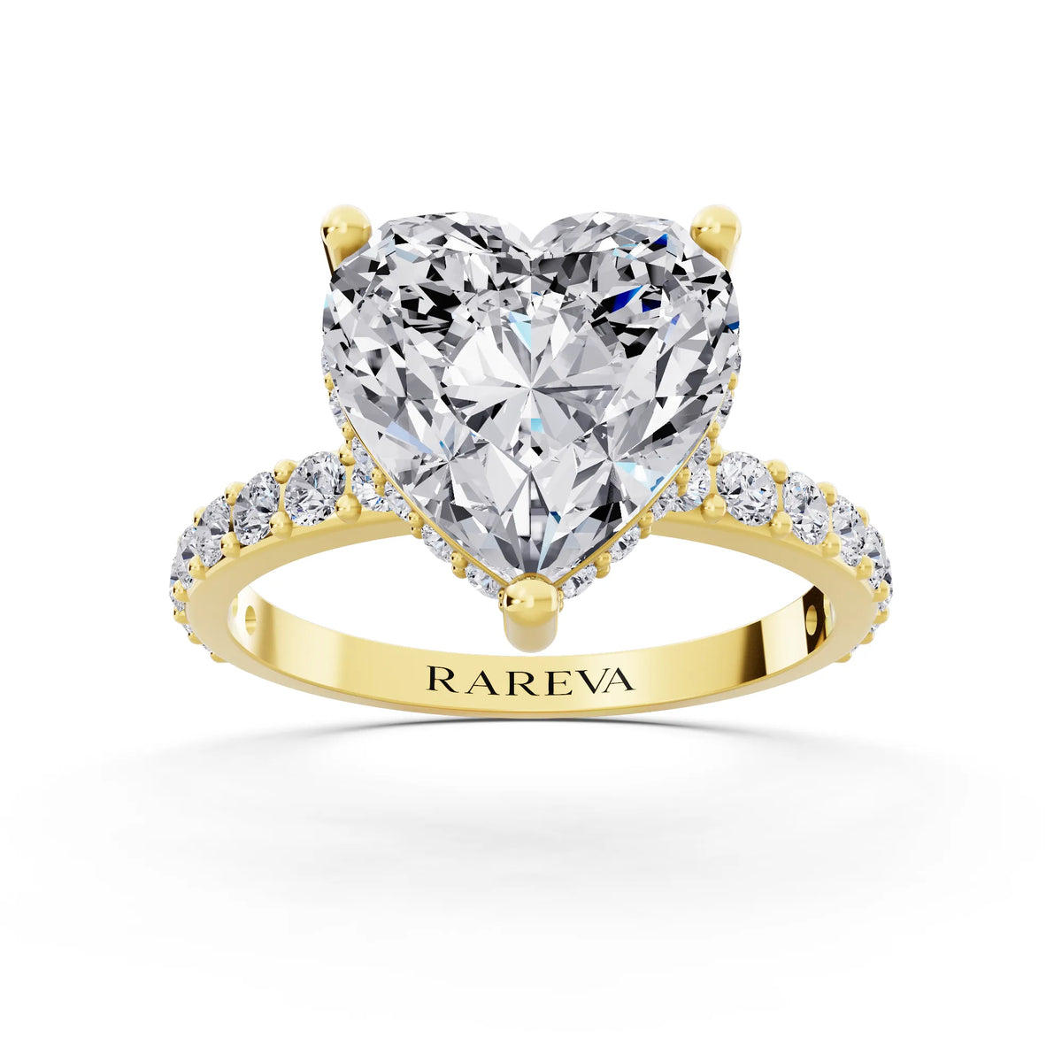 14 KT Yellow Gold Heart Cut Diamond Solitaire Ring with Hidden Halo and Pave Band - front view