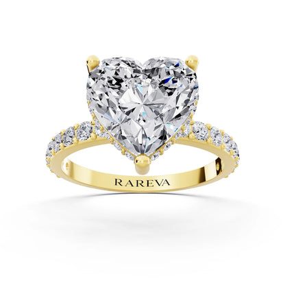 14 KT Yellow Gold Heart Cut Diamond Solitaire Ring with Hidden Halo and Pave Band - front view