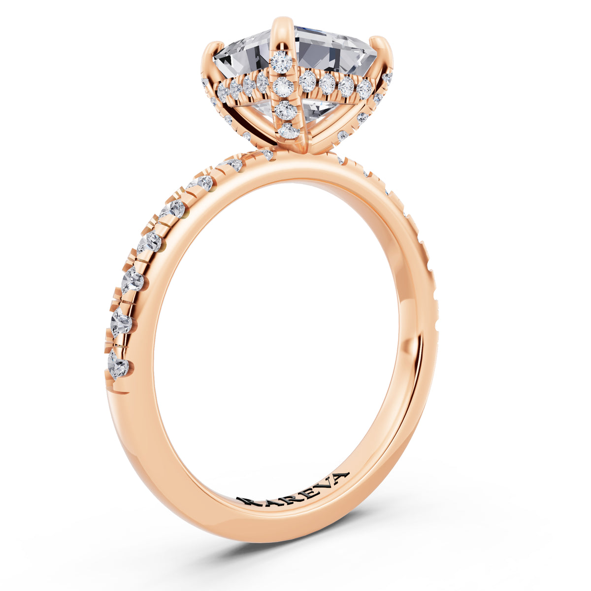 14 KT Rose Gold Asscher Cut Diamond Hidden Halo Ring with Pave Shank - top view