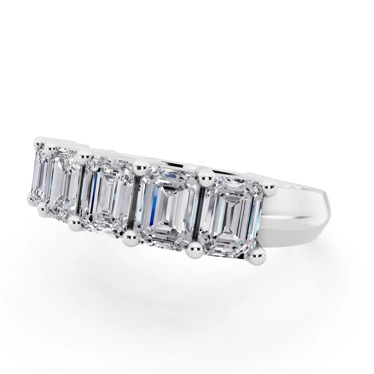 Silver Five Stone Emerald Cut Diamond Half Eternity Wedding Band - 2.5mm - Close up