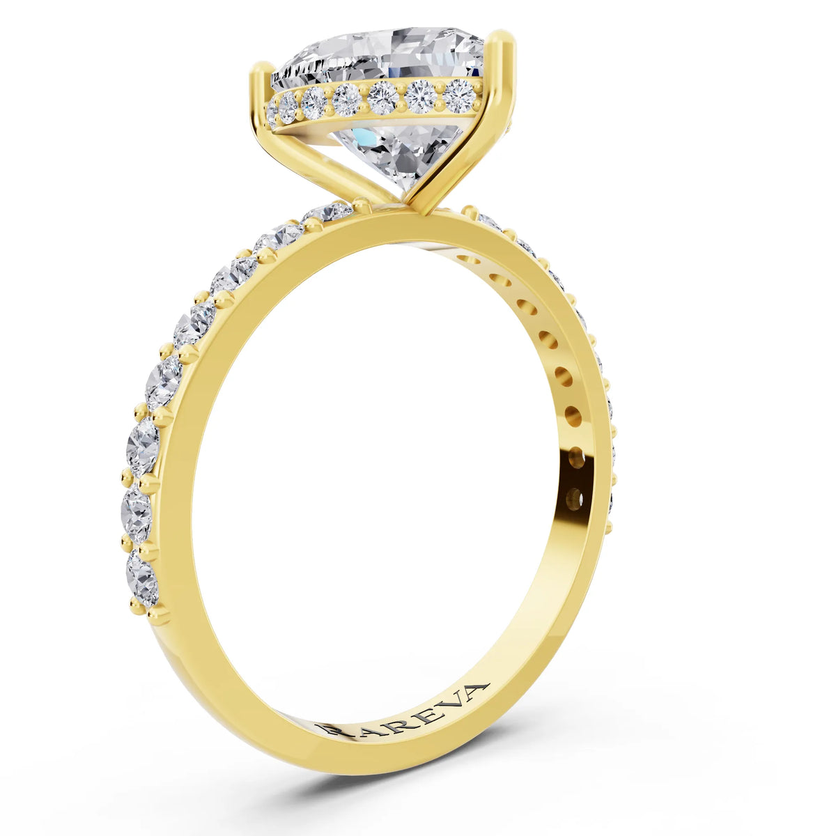 14 KT Yellow Gold Heart Cut Diamond Solitaire Ring with Hidden Halo and Pave Band - top view