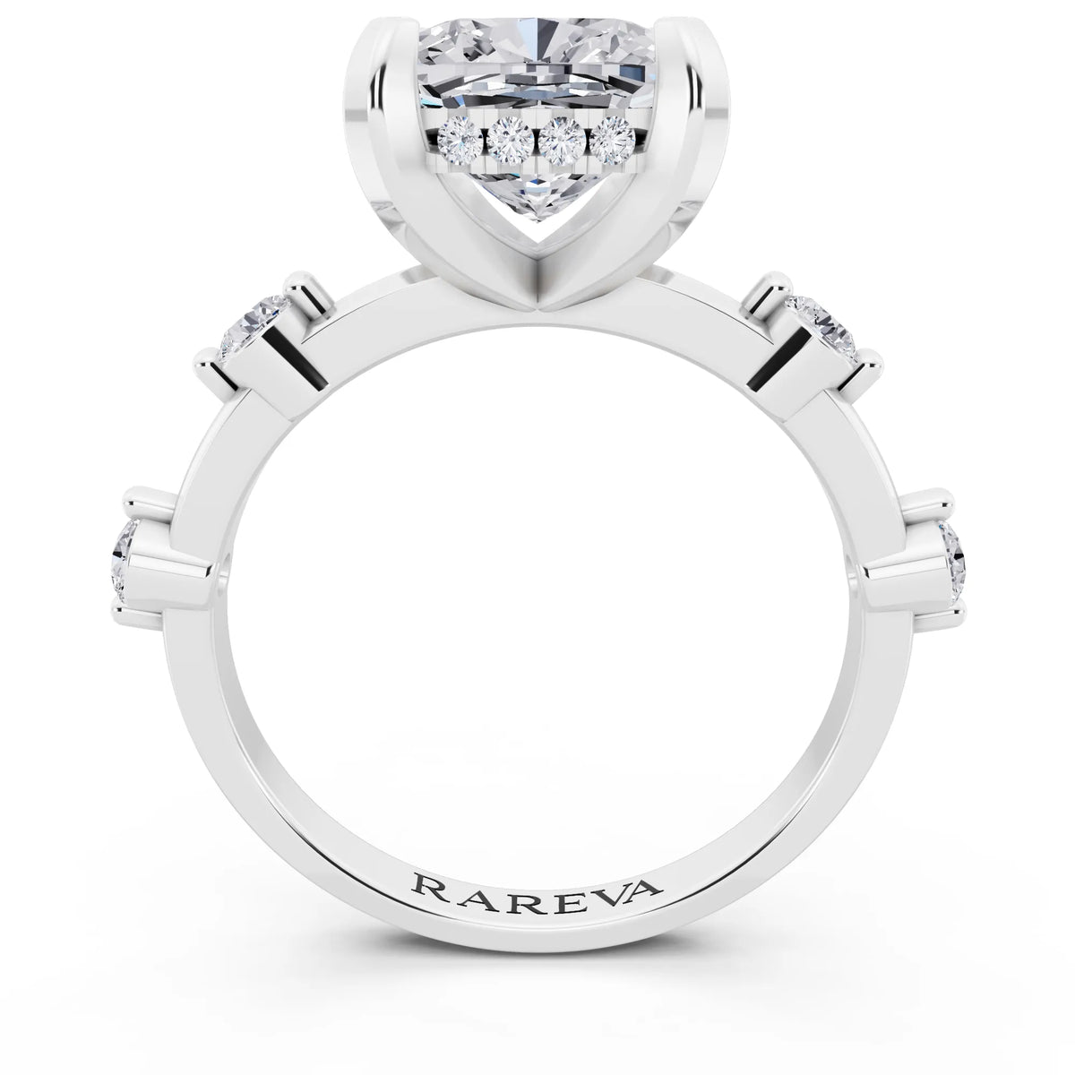 18 KT White Gold Cushion Cut Diamond Solitaire Ring with Floating Diamond Accents - through finger