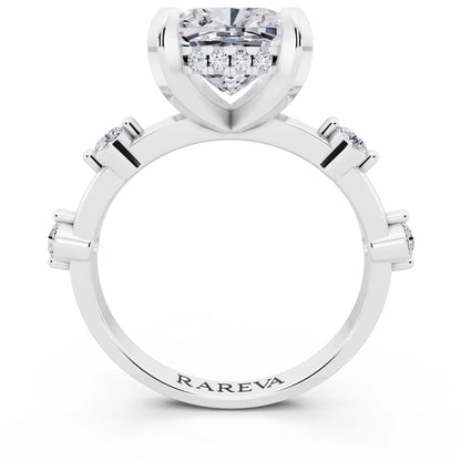 18 KT White Gold Cushion Cut Diamond Solitaire Ring with Floating Diamond Accents - through finger