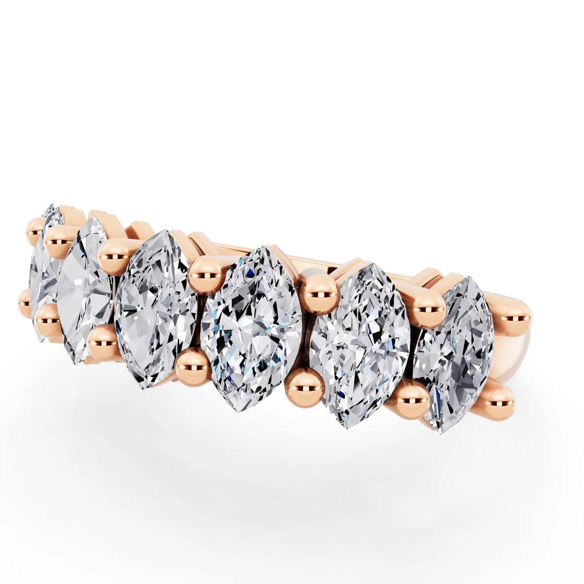 14K Rose Gold Seven Stone Marquise Cut Diamond Half Eternity Wedding Band - 2mm - Close up