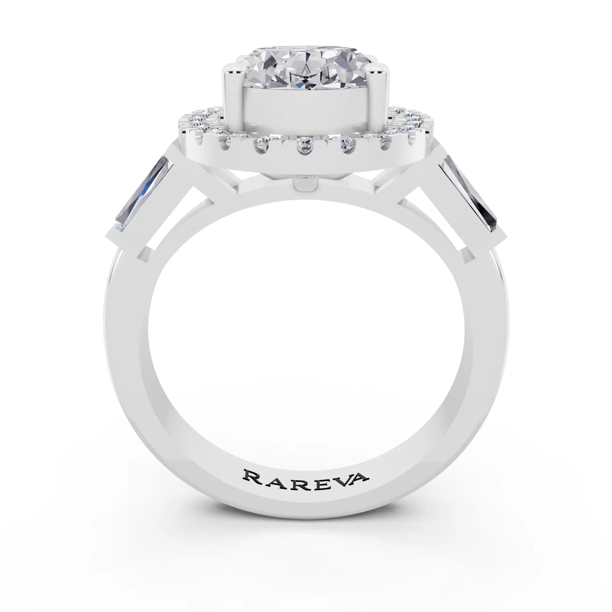 Platinum Oval Cut Diamond Halo Ring with Baguette Accents - through finger