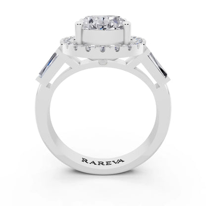 Platinum Oval Cut Diamond Halo Ring with Baguette Accents - through finger