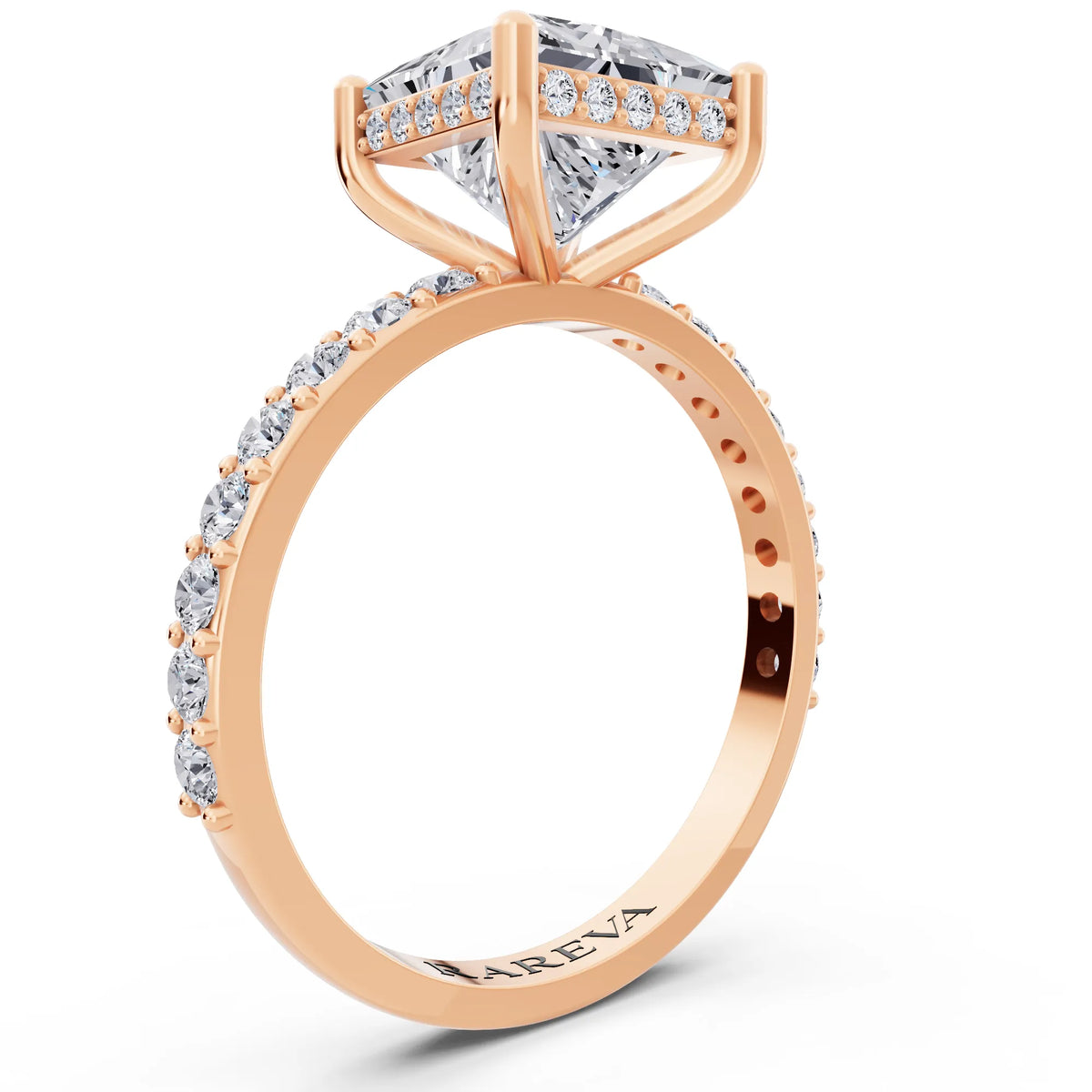 14 KT Rose Gold Princess Cut Diamond Solitaire Ring with Hidden Halo and Pave Band - top view