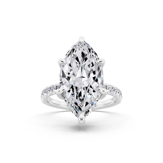 14 KT White Gold Marquise Cut Diamond Hidden Halo Tiger Prong Pave Band Ring - front view
