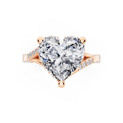 14 KT Rose Gold Heart Cut Diamond Split Shank Engagement Ring with Hidden Halo - top angle